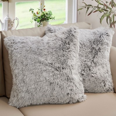 Cheer Collection Super Soft Shaggy Long Hair Throw Pillows Set of 2 - Gray Ombre (22" x 22")