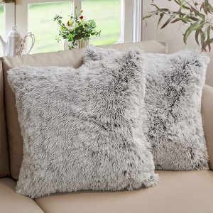 Cheer Collection Super Soft Shaggy Long Hair Throw Pillows Set of 2 - Gray Ombre (22" x 22") - 1 of 4