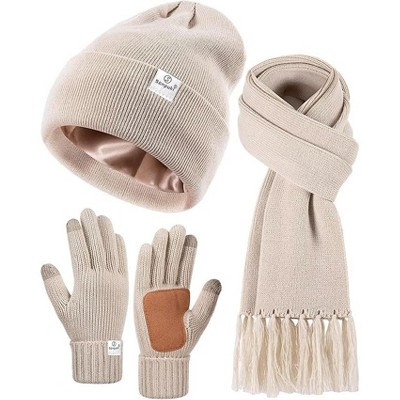 SENPUKI Womens Satin Lined Beanie Scarf Gloves Set, Silk Lined Winter Hats Knit Scarf Touchscreen Gloves, 3 Fashionable Warm Gift Set