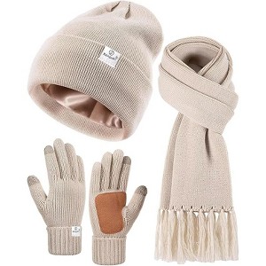 SENPUKI Womens Satin Lined Beanie Scarf Gloves Set, Silk Lined Winter Hats Knit Scarf Touchscreen Gloves, 3 Fashionable Warm Gift Set - 1 of 1