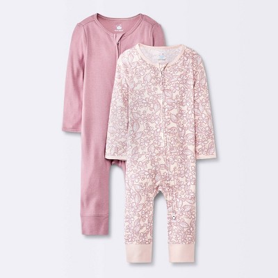 Image of Baby Girls' 2pk Floral Cotton Zip Romper - Cloud Island™ Pink 0-3M