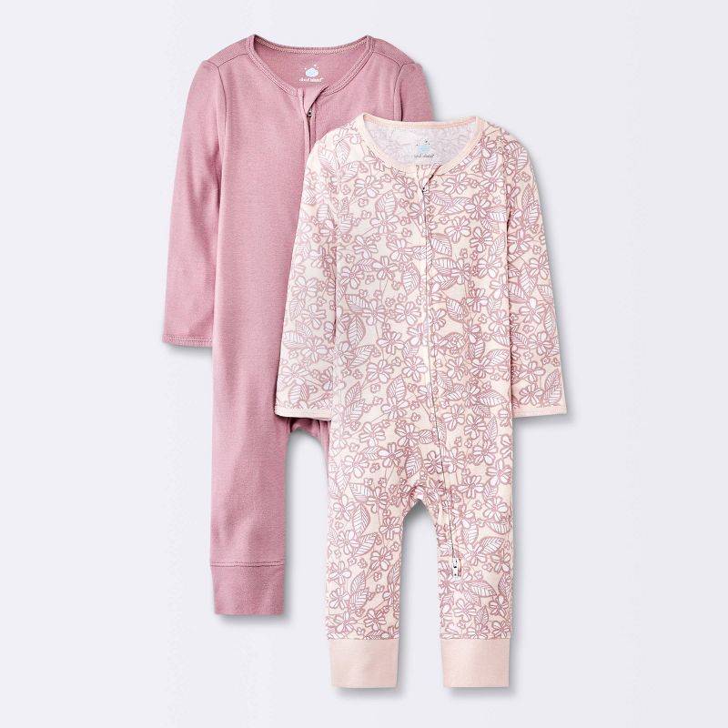 Baby Girls' 2pk Floral Cotton Zip Romper - Cloud Island™ Pink, 1 of 6