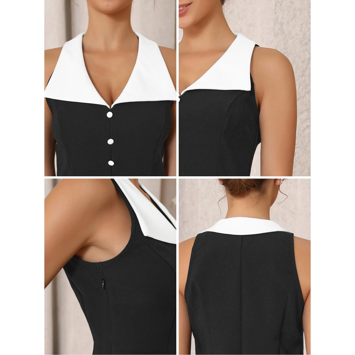 Женские платья INSPIRE CHIC Women's Vintage Sleeveless Button Decor Collared A-Line Mini Dresses Small Black — фото 5