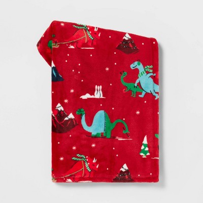 Dinosaur Printed Plush Christmas Throw Blanket Red - Wondershop™