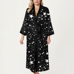 Anna-Kaci Lounge Women's PLus Size Star Print Long Robe with Soft Satin Feel, Open Front Design, and Adjustable Waist Tie - 1 of 4