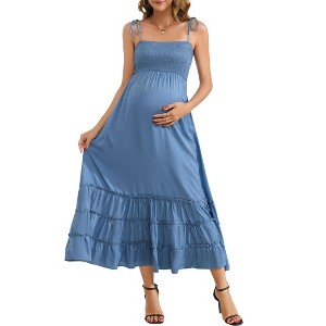 Sleeveless Maternity Dress Women's Summer Spaghetti Strap Smocked Tiered Flowy Maxi Dress for Baby Shower Photoshoot - 1 of 4
