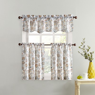 Signy Jacobean Pattern Light Filtering White Kitchen Curtain Tier Pair