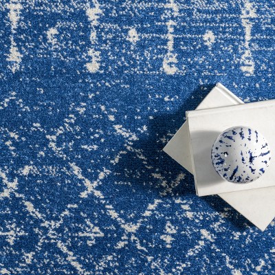 Distressed Moroccan Trellis 4' Square Blue Synthetic Area Rug