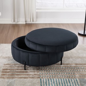 CAVINAS 31.5" Round  Storage Ottoman with Reversible Lid,Multi-Functional Velvet Footstool,Tufted Pumpkin-shape Storage Bench for Bedroom,Office - 1 of 4