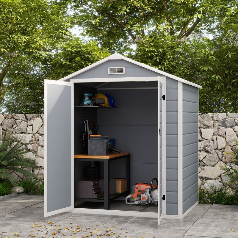 Outsunny Outdoor Storage Shed, 72" x 52.75" Garden Shed with Double Lockable Doors, Vent and Window, Plastic Utility Tool Shed, Gray, 2 of 7