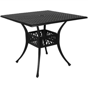Sunnydaze Square Cast Aluminum Outdoor Patio Dining Table with Umbrella Hole, Black