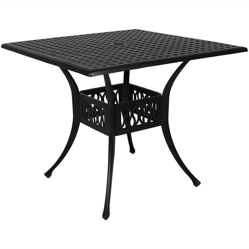 Sunnydaze Square Cast Aluminum Outdoor Patio Dining Table with Umbrella Hole, Black, 1 of 12