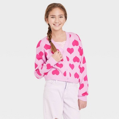 Girls' Boxy Cropped Cardigan - art class™ Pink Hearts M