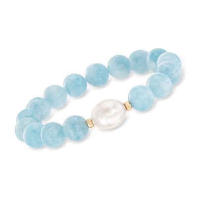 Ross-Simons 12-13mm Cultured Baroque Pearl and Milky Aquamarine Stretch Bracelet With 14kt Yellow Gold Size