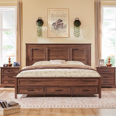 SinCiDo Farmhouse Queen Size Bed with Headboard, Wood Platform Bed Frame with 3 Storage Drawers, Easy Assembly