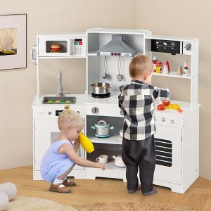 Costway Pretend Play Kitchen for Kids Toddler Aged 3+ Wooden Toy Set with Range Hood white/Brown - 1 of 4