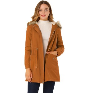Allegra K Women's Faux Fur Hooded Drawstring Waist Fully Lined Parka Coat - 1 of 4