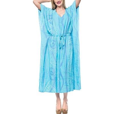 LA LEELA Women's House Daily Routine Evening Wear Vacation Holiday Casual Loungewear Oversize Caftan Maxi Boho Nightwear 2X-3X Blue, Tie Dye Design