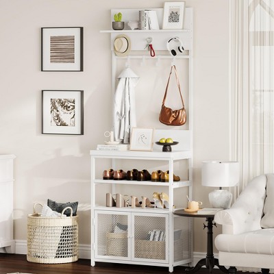 Garvee Coat Rack Shoe Storage 72.8in Hall Tree with Doors Narrow Coat Tree Shoe Shelf Organizer with 7 Hooks for Entryway Bedroom and Mudroom,White