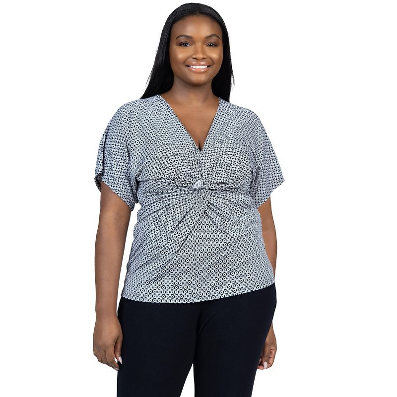 24seven Comfort Apparel Womens Plus Size V Neck Geometric Print Knot Front Sleeve Top, 1 of 7