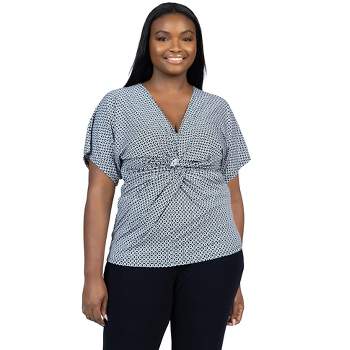 24seven Comfort Apparel Womens Plus Size V Neck Geometric Print Knot Front Sleeve Top