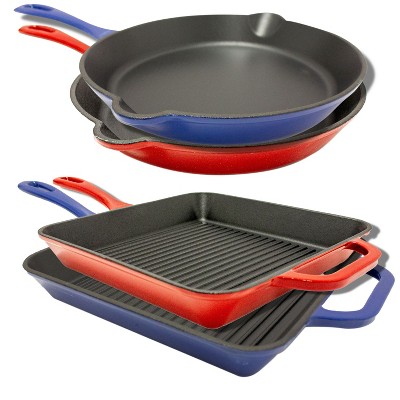  BergHOFF 2Pc Enameled Cast Iron 10 Fry Pan, 10 Grill Pan Set, Induction  Cooktop Ready, Oven Safe Up to 400°F, Red: Home & Kitchen