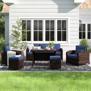 Chic Crate - Parkhurst 6-Piece Weather-Resistant Rattan Outdoor Set w/ Cushions & Table - 1 of 4