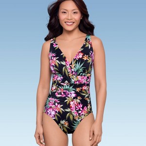 Women's UPF 50 V-Neck Ruched One Piece Swimsuit - Shape + Style by Aqua Green® - 1 of 4