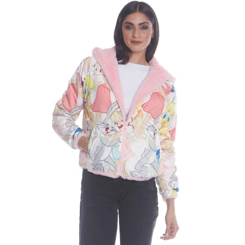 Members Only Womens Plush Faux Rabbit Fur Reversible Bomber Jacket with  Looney Tunes Satin Mashup Print Lining - Pink L