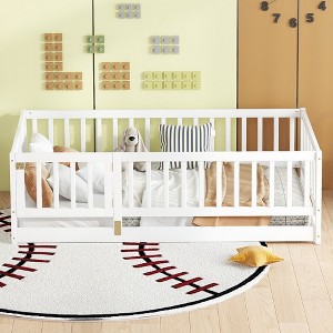 CAVINAS Twin Size Wood Montessori Bed with Fence and Door,Modern Floor Bed with Slats,Toddler Bed for Bedroom - 1 of 4
