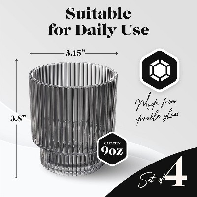 Smoke Grey Art Deco Fluted 9 oz Lowball Glasses Set of 4