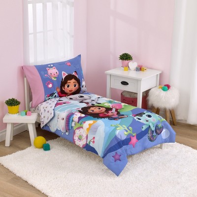 Gabby's Dollhouse Gab-Tastic Purple and Pink Pandy Paws, Mercat, and Cakey 4 Piece Toddler Bed Set
