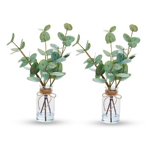 13'' Artificial Eucalyptus Stems in Vase with Faux Water, Faux Eucalyptus Plant with Double-Sided Leaves, Fake Plant for Shelf, Desk(2Pcs) - 1 of 4