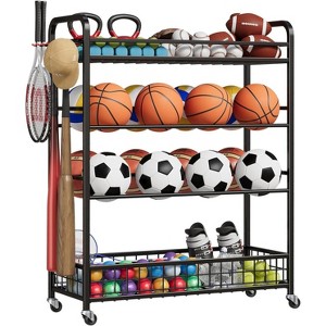 Garage Sports Equipment Organizer,Rolling Ball Storage Bin with Wheels,Gear Outdoor Basketball Racks with Baseball Bat Holder and Hooks,Toy Organizer - 1 of 4
