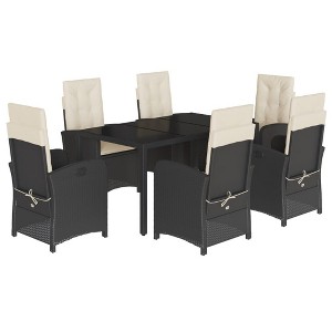 vidaXL 7 Piece Patio Dining Set - Black Poly Rattan Outdoor Garden Reclining Chair Set with Cushions and Tempered Glass Tabletop - 1 of 4