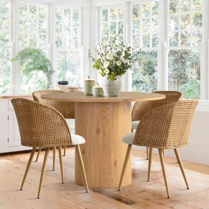 41.5" Dining Set for 4,Pedestal Black Round Dining Table with 4 Upholstered Double Layer Rattan Dining Chair for Farmhouse Dining Room-Tanpinhause - 1 of 4