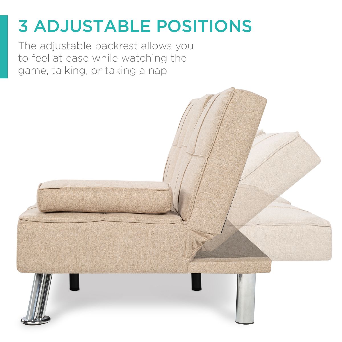 Best Choice Products Modern Linen Convertible Futon Sofa Bed w/ Removable Armrests, Metal Legs, Cupholders - Beige - thumbnail 10