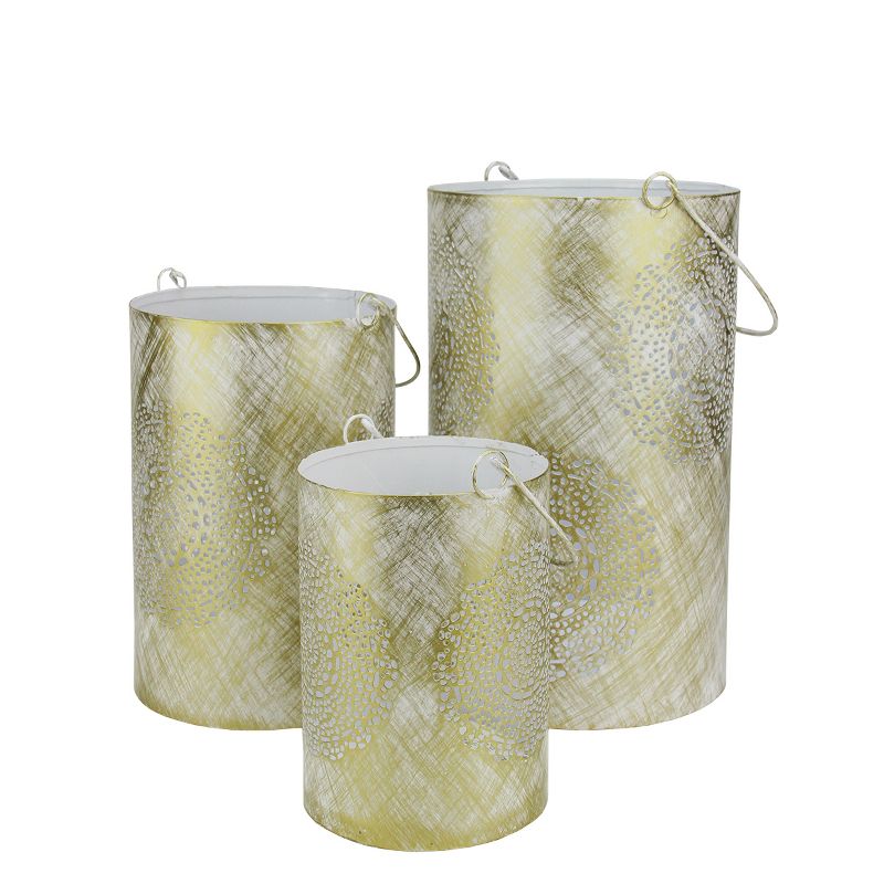 Northlight Set of 3 White and Gold Decorative Floral Cut-Out Pillar Candle Lanterns 10", 1 of 2