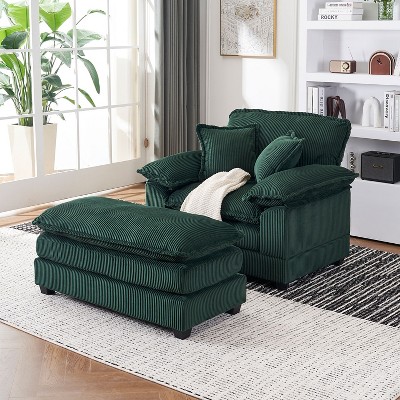 KTMBDW Sofa Chair with Movable Ottoman - Corduroy Cloud Couch Chair Soft Comfy Modern Sofa Chaise Single Sleeper Chair Bed for Living Room