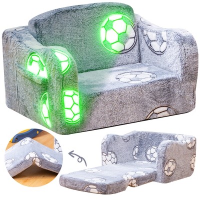 Hooseng Toddler Couch, 2-in-1 Glow-in-The-Dark Plush Kids Fold-Out Sofa, Convertible Kids Sofa to Lounger with Curved Armrests for Boys & Girls
