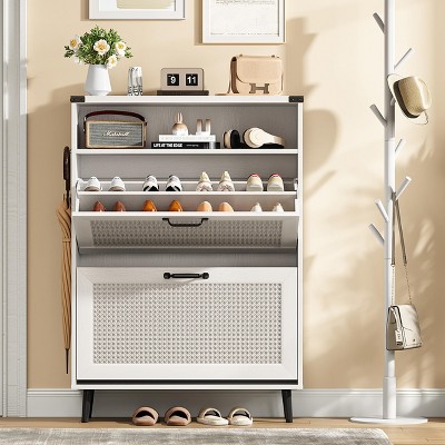 White Shoe Storage Cabinet with 2 Flip Drawers, Slim Narrow Shoe Rack Cabinet