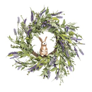 Gallerie II 24" Lavender Floral Flowers & Easter Bunny Rabbit Decorative Spring Wreath - 1 of 4