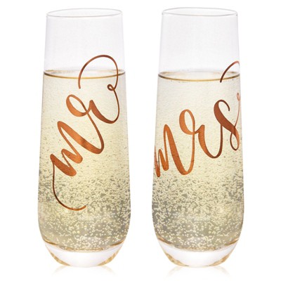 Juvale 2-Pack Rose Gold Glass Mr and Mrs Stemless Champagne Wedding Flutes Glasses, 9.8 Ounces