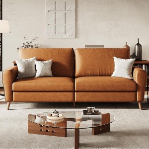 84" Faux Leather Couch, Brown Couches for Living Room, 3 Seater Sofa with Wide Armrests, Wood Legs, Deep Seats, Mid-Century Modern Loveseat Sofa - 1 of 4