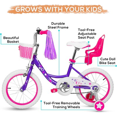 hykolity 16 inch Girls Bike Princess Bicycle for Age 4-7 Years Old Rider Height 41-53 inch includes Training Wheel Basket Doll Seat Violet Purple
