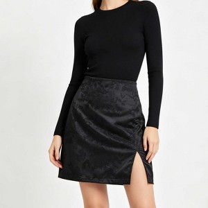 Women's Floral Jacquard Satin Mini Skirt, High Waist Side Split