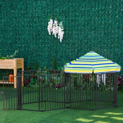 Multicolor Metal Dog Playpen with Striped Canopy and Lockable Door