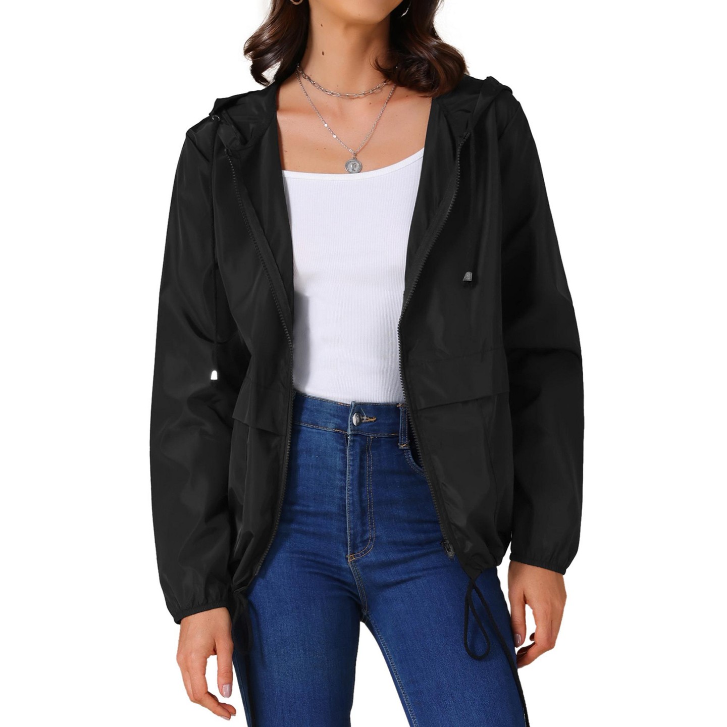 Женская куртка INSPIRE CHIC Women's Adjustable Drawstring Waterproof Windbreaker Lightweight Hooded Raincoats with Pockets Large Dark Grey, цвет: Чёрный — фото 1