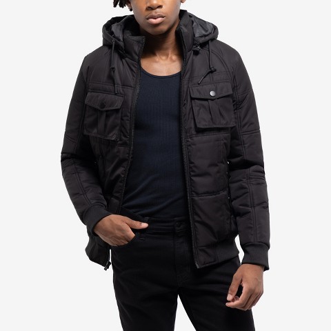 X RAY Hooded Puffer Jacket With Patch Chest Pockets in BLACK Size L