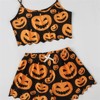 Clotth Halloween Pajamas Women - Cute Print Lettuce Trim Cami and High Waist Shorts Nightwear Set, Funny Sleepwear, Black with Pumpkin Print - 4 of 4